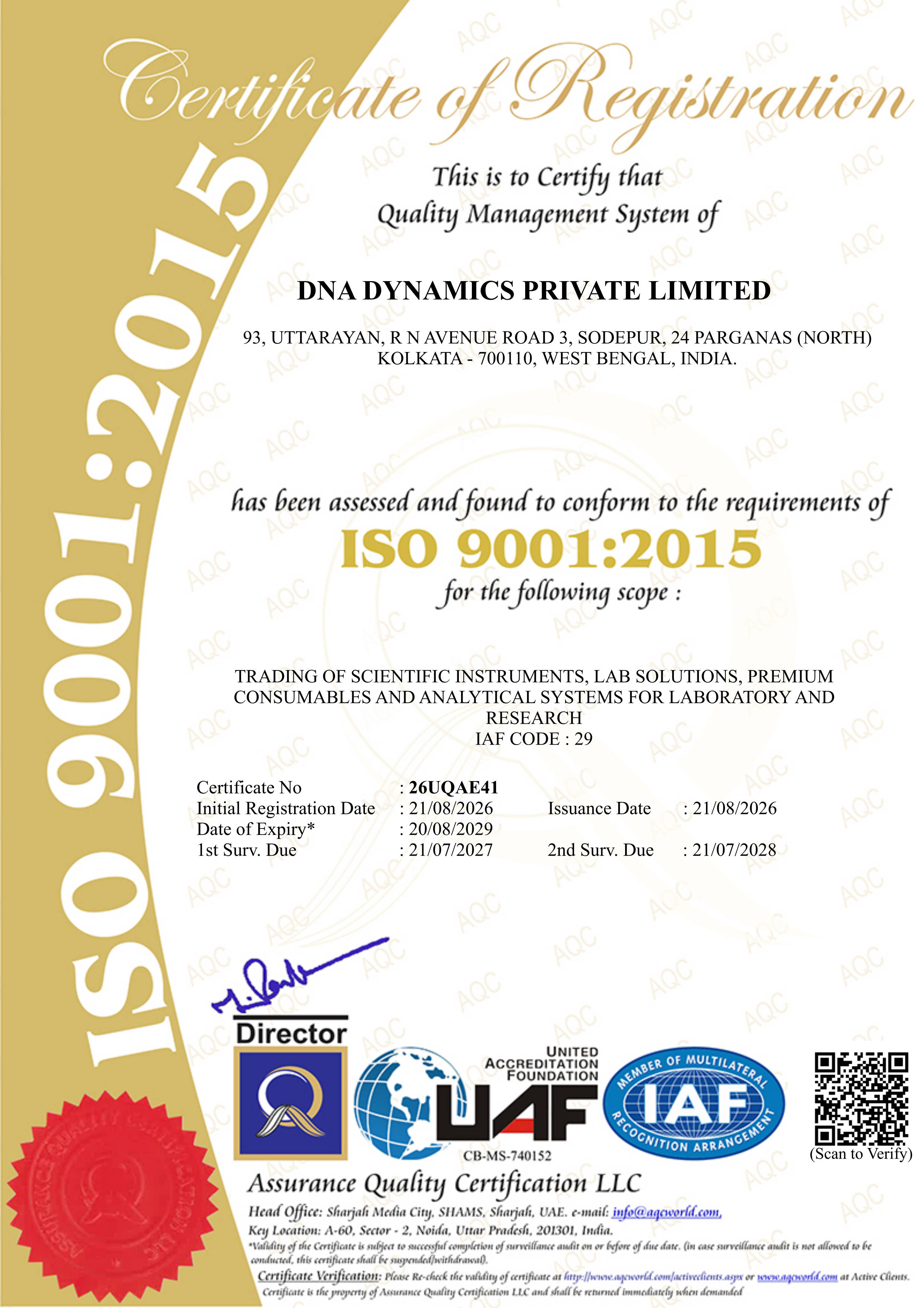 DNA Dynamics ISO Certificate